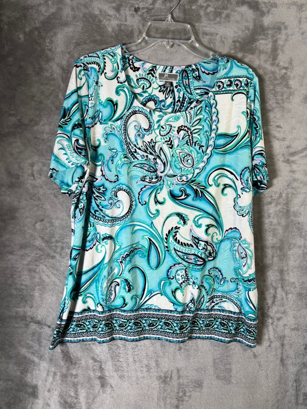 JM Collection Turquoise and White Paisley Short Sleeve Top